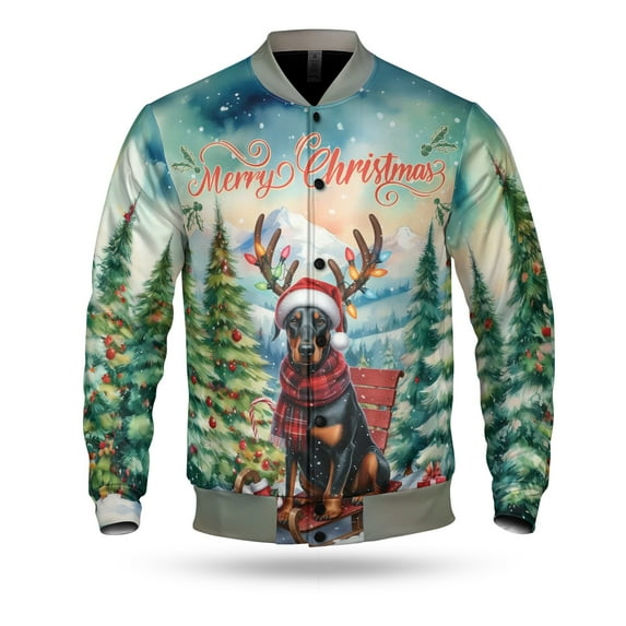Merry Christmas Santa Reindeer Antlers Doberman Pinscher Sleigh Xmas Winter Holiday All Over Print 3D Baseball Jacket Doberman Dog Lover Gifts Bomber Jacket Softball - 00023