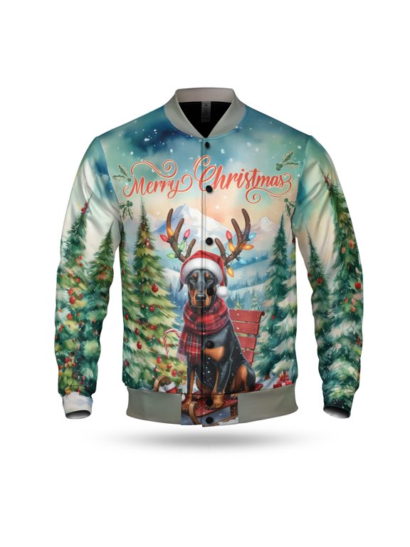 Merry Christmas Santa Reindeer Antlers Doberman Pinscher Sleigh Xmas Winter Holiday All Over Print 3D Baseball Jacket Doberman Dog Lover Gifts Bomber Jacket Softball - 00023