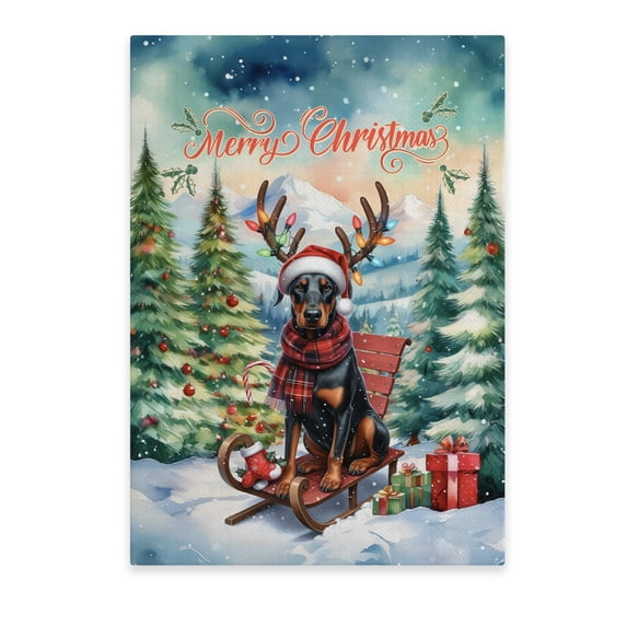 Merry Christmas Santa Reindeer Antlers Doberman Pinscher Sleigh Xmas Winter Holiday Vertical Matte Canvas Poster Doberman Dog Lover Gifts Wall Art Home Decor - 00023