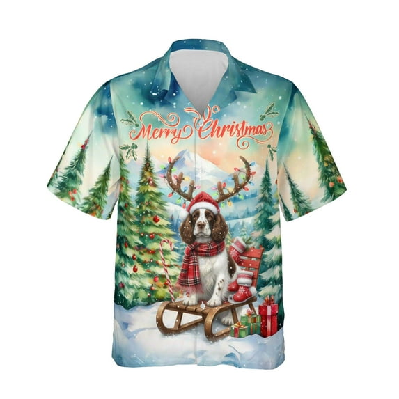 Merry Christmas Santa Reindeer Antlers English Springer Spaniel Sleigh Xmas Winter Holiday Hawaiian Shirt Breathable Summer Unisex Merch Springers Dog Lover Gifts - 00023