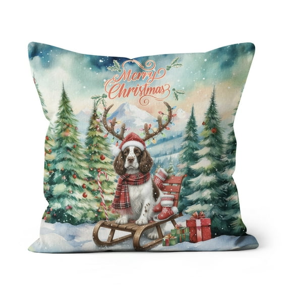 Merry Christmas Santa Reindeer Antlers English Springer Spaniel Sleigh Xmas Winter Holiday Pillow Cushion Double Sided Springers Dog Lover Gifts Throw Pillow - 00023
