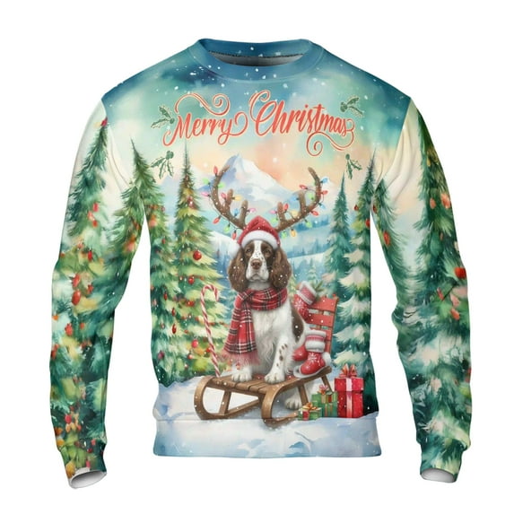Merry Christmas Santa Reindeer Antlers English Springer Spaniel Sleigh Xmas Winter Holiday All Over Print 3D Sweatshirt Unisex Merch Springers Dog Lover Gifts - 00023