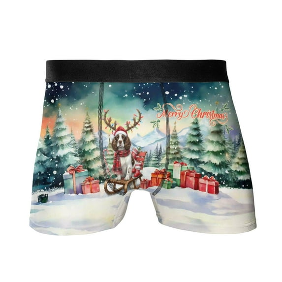 Merry Christmas Santa Reindeer Antlers English Springer Spaniel Sleigh Xmas Winter Holiday All Over Print Boxer Briefs Underwear for Men Dad Springers Dog Lover Gifts - 00023