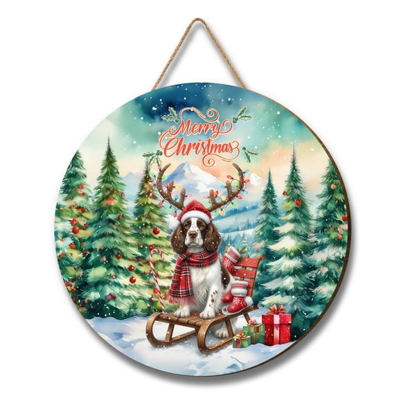 Merry Christmas Santa Reindeer Antlers English Springer Spaniel Sleigh Xmas Winter Holiday Round Wood Sign Springers Dog Lover Gifts Hanging Wall Home Decor - 00023