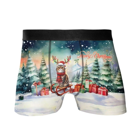 Merry Christmas Santa Reindeer Antlers Exotic Shorthair Sleigh Xmas Winter Holiday All Over Print Boxer Briefs Underwear for Men Dad Cat Lover Kitten Owner Gifts - 00023