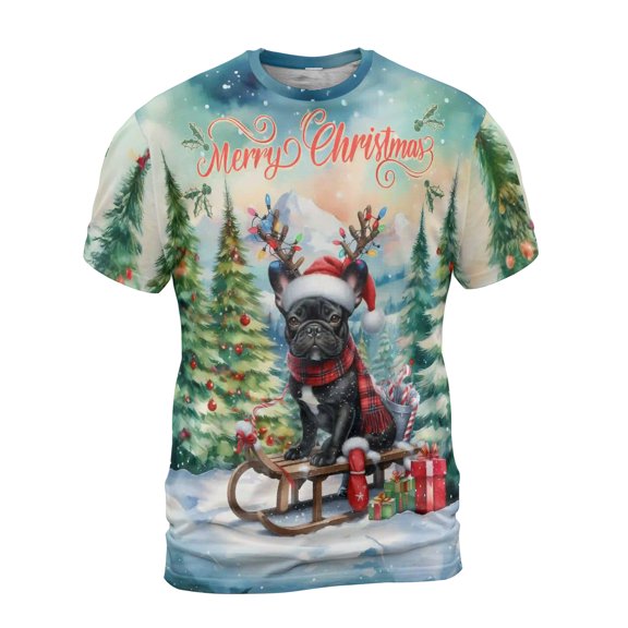 Merry Christmas Santa Reindeer Antlers French Bulldog Sleigh Xmas Winter Holiday All Over Print 3D Shirt Unisex Merch Dog Lover Gifts - 00023