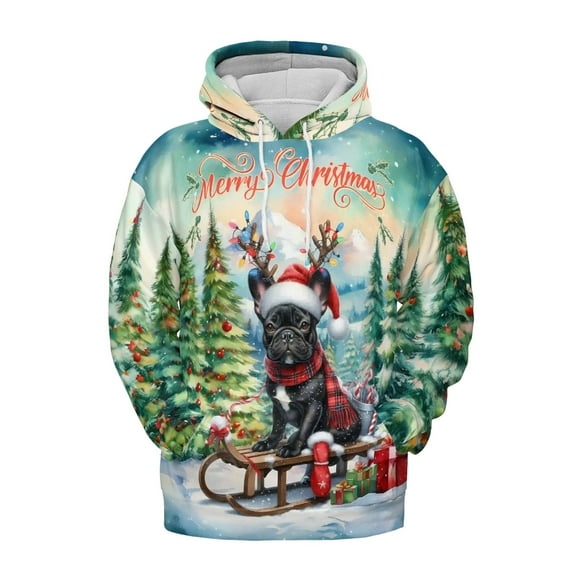 Merry Christmas Santa Reindeer Antlers French Bulldog Sleigh Xmas Winter Holiday All Over Print 3D Hoodie Unisex Merch Hoodies Dog Lover Gifts - 00023