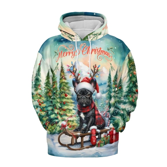Merry Christmas Santa Reindeer Antlers French Bulldog Sleigh Xmas Winter Holiday All Over Print 3D Hoodie Unisex Merch Hoodies Dog Lover Gifts - 00023