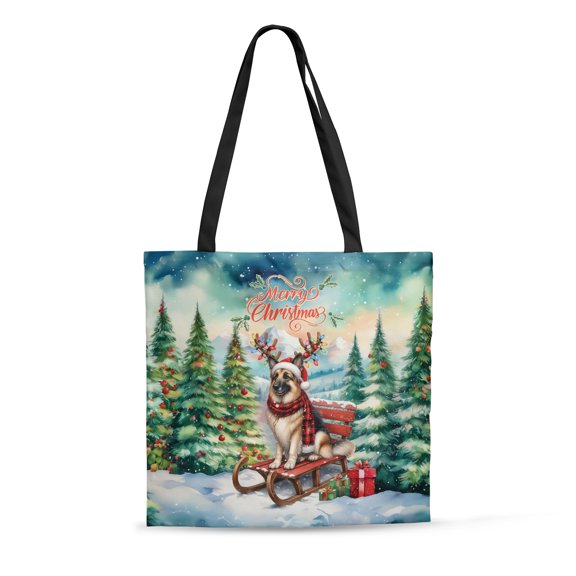 Merry Christmas Santa Reindeer Antlers German Shepherd Sleigh Xmas Winter Holiday All Over Print 3D Canvas Tote Bag Alsatian Dog Lover Gifts Reusable Handbag - 00023