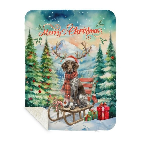 Merry Christmas Santa Reindeer Antlers German Shorthaired Pointer Sleigh Xmas Winter Holiday Cozy Sherpa Blanket GSP Lover Dog Gift Warm Soft Throw Blanket - 00023