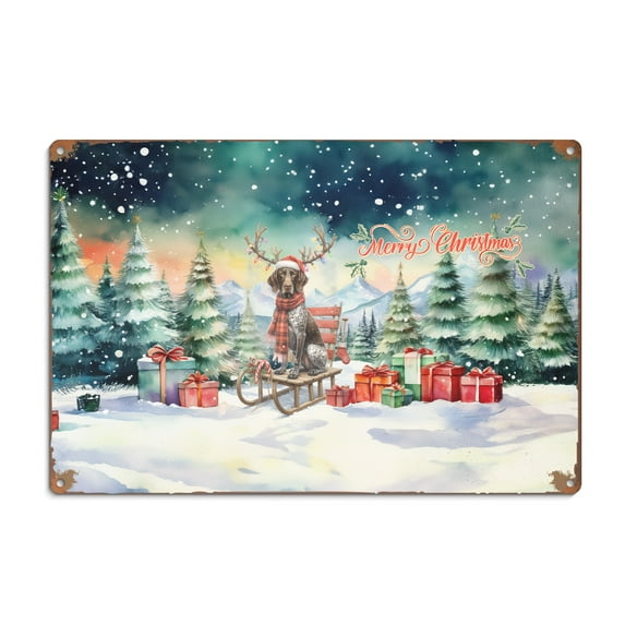 Merry Christmas Santa Reindeer Antlers German Shorthaired Pointer Sleigh Xmas Winter Holiday Horizontal Metal Aluminum Sign GSP Lover Dog Gift Wall Art Home Decor - 00023
