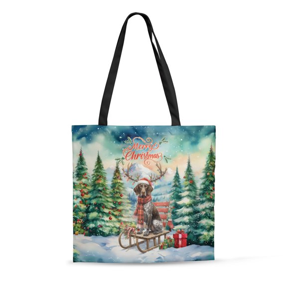 Merry Christmas Santa Reindeer Antlers German Shorthaired Pointer Sleigh Xmas Winter Holiday All Over Print 3D Canvas Tote Bag GSP Lover Dog Gift Reusable Handbag - 00023