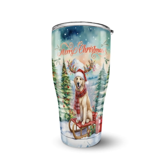 Merry Christmas Santa Reindeer Antlers Golden Retriever Sleigh Xmas Winter Holiday 30oz Stainless Steel Tumbler Insulated Cup with Lid Goldens Dog Lover Gifts Idea - 00023