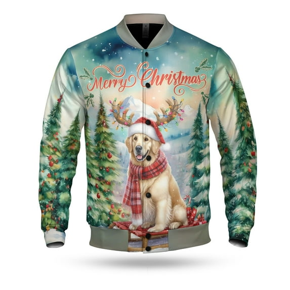 Merry Christmas Santa Reindeer Antlers Golden Retriever Sleigh Xmas Winter Holiday All Over Print 3D Baseball Jacket Goldens Dog Lover Gifts Idea Bomber Jacket Softball - 00023