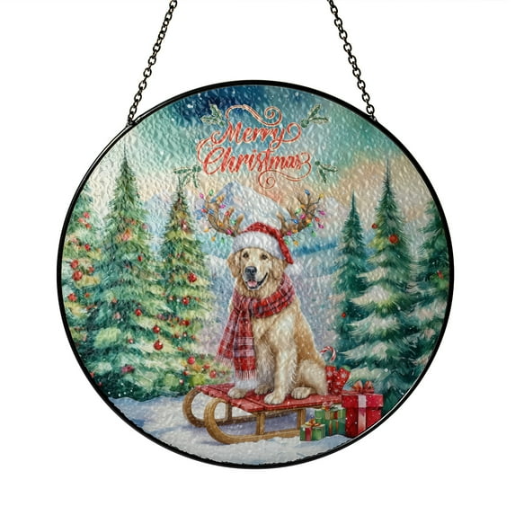 Merry Christmas Santa Reindeer Antlers Golden Retriever Sleigh Xmas Winter Holiday Stained Glass Suncatcher Goldens Dog Lover Gifts Idea Window Hanging Sign Decor - 00023