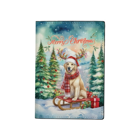 Merry Christmas Santa Reindeer Antlers Golden Retriever Sleigh Xmas Winter Holiday Travel Passport Wallet Goldens Dog Lover Gifts Idea PU Leather Passport Holder Cover - 00023