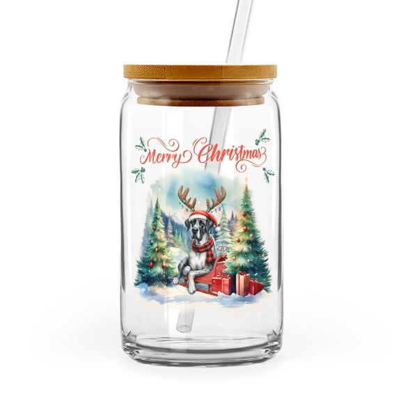 Merry Christmas Santa Reindeer Antlers Great Dane Sleigh Xmas Winter Holiday 16oz Glass Cup Mug Danes Dog Lover Gifts Glass Can with Bamboo Lid and Straw - 00023