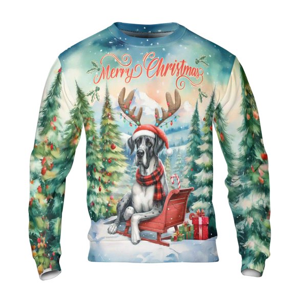 Merry Christmas Santa Reindeer Antlers Great Dane Sleigh Xmas Winter Holiday All Over Print 3D Sweatshirt Unisex Merch Danes Dog Lover Gifts - 00023