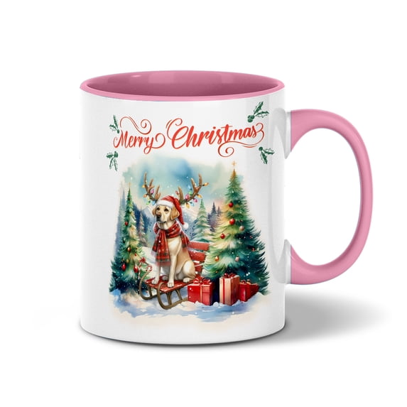 Merry Christmas Santa Reindeer Antlers Labrador Retriever Sleigh Xmas Winter Holiday 11oz Accent Two-tone Mug Lab Dog Lover Gifts Coffee Tea Cup - 00023