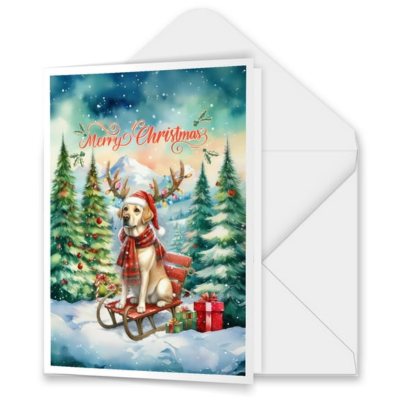 Merry Christmas Santa Reindeer Antlers Labrador Retriever Sleigh Xmas Winter Holiday 5x7in Folded Greeting Card Lab Dog Lover Gifts Single Note Card with Envelope - 00023