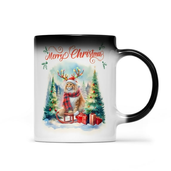 Merry Christmas Santa Reindeer Antlers Maine Coon Sleigh Xmas Winter Holiday Heat Color Changing Mug Cat Lover Kitten Owner Gifts Magic Coffee Mug - 00023