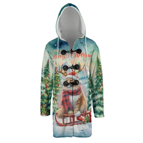 Merry Christmas Santa Reindeer Antlers Maine Coon Sleigh Xmas Winter Holiday All Over Print 3D Hooded Duffle Toggle Coat Cat Lover Kitten Owner Gifts - 00023