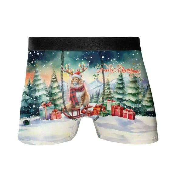Merry Christmas Santa Reindeer Antlers Maine Coon Sleigh Xmas Winter Holiday All Over Print Boxer Briefs Underwear for Men Dad Cat Lover Kitten Owner Gifts - 00023