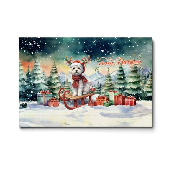 Merry Christmas Santa Reindeer Antlers Maltese Sleigh Xmas Winter Holiday Horizontal Matte Canvas Poster Maltese Dog Lover Gifts Idea Wall Art Home Decor - 00023