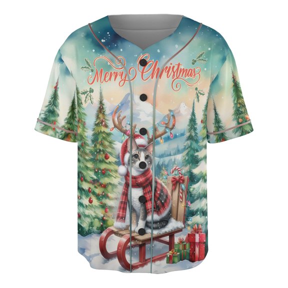 Merry Christmas Santa Reindeer Antlers Manx Sleigh Xmas Winter Holiday All Over Print 3D Baseball Shirt Cat Lover Kitten Owner Gifts Softball Sport - 00023