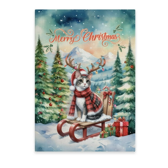 Merry Christmas Santa Reindeer Antlers Manx Sleigh Xmas Winter Holiday Vertical Matte Canvas Poster Cat Lover Kitten Owner Gifts Wall Art Home Decor - 00023