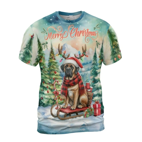 Merry Christmas Santa Reindeer Antlers Mastiff Sleigh Xmas Winter Holiday All Over Print 3D Shirt Unisex Merch Mastiffs Dog Lover Gifts Idea - 00023