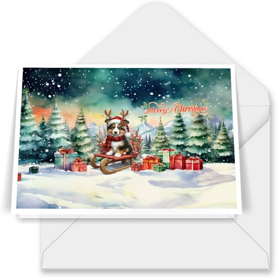 Merry Christmas Santa Reindeer Antlers Miniature American Shepherd Sleigh Xmas Winter Holiday 7x5in Folded Greeting Card MAS Dog Lover Gifts Single Note Card with Envelope - 00023