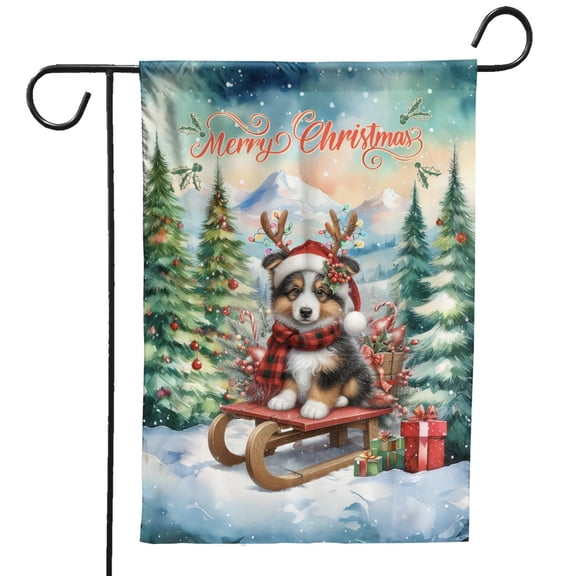 Merry Christmas Santa Reindeer Antlers Miniature American Shepherd Sleigh Xmas Winter Holiday Garden Flag 12x18in Double Sided MAS Dog Lover Gifts Outdoor Decor - 00023