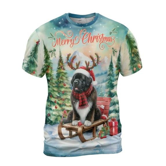 Merry Christmas Santa Reindeer Antlers Newfoundland Sleigh Xmas Winter Holiday All Over Print 3D Shirt Unisex Merch Newfie Dog Lover Gifts - 00023