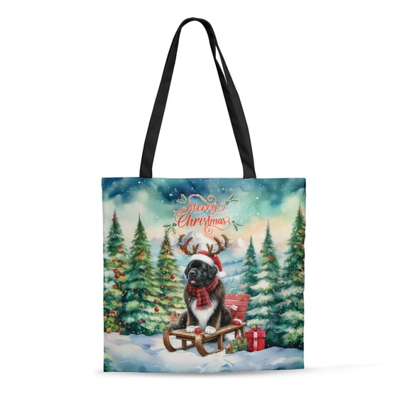 Merry Christmas Santa Reindeer Antlers Newfoundland Sleigh Xmas Winter Holiday All Over Print 3D Canvas Tote Bag Newfie Dog Lover Gifts Reusable Handbag - 00023