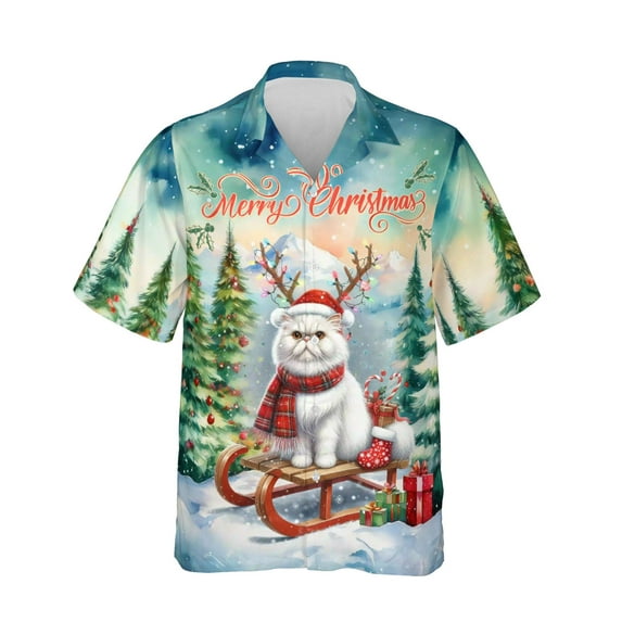 Merry Christmas Santa Reindeer Antlers Persian Sleigh Xmas Winter Holiday Hawaiian Shirt Breathable Summer Unisex Merch Cat Lover Kitten Owner Gifts - 00023