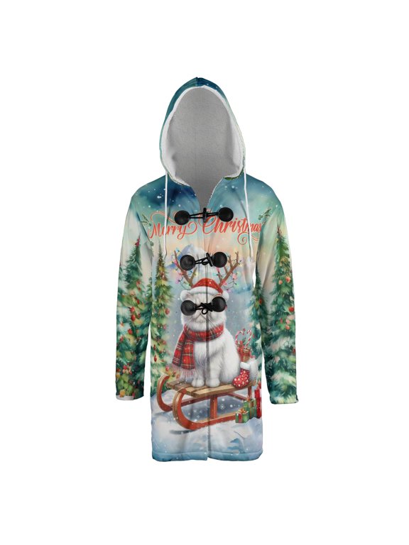 Merry Christmas Santa Reindeer Antlers Persian Sleigh Xmas Winter Holiday All Over Print 3D Hooded Duffle Toggle Coat Cat Lover Kitten Owner Gifts - 00023