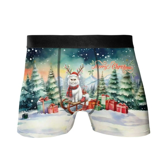 Merry Christmas Santa Reindeer Antlers Persian Sleigh Xmas Winter Holiday All Over Print Boxer Briefs Underwear for Men Dad Cat Lover Kitten Owner Gifts - 00023