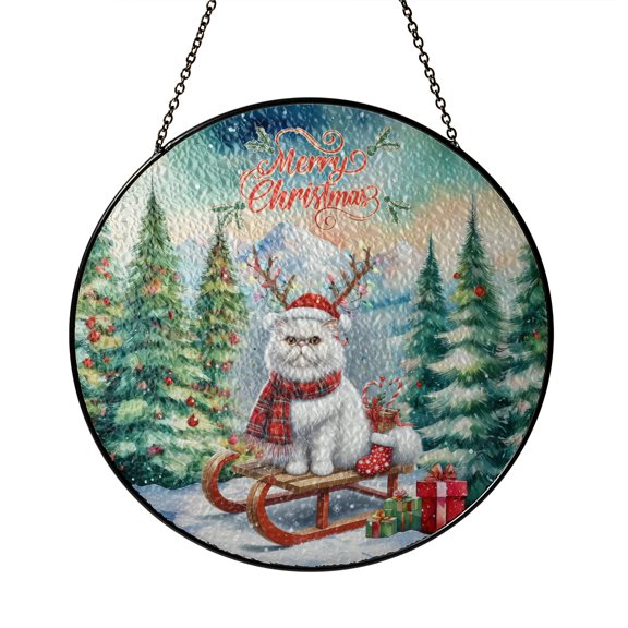 Merry Christmas Santa Reindeer Antlers Persian Sleigh Xmas Winter Holiday Stained Glass Suncatcher Cat Lover Kitten Owner Gifts Window Hanging Sign Decor - 00023