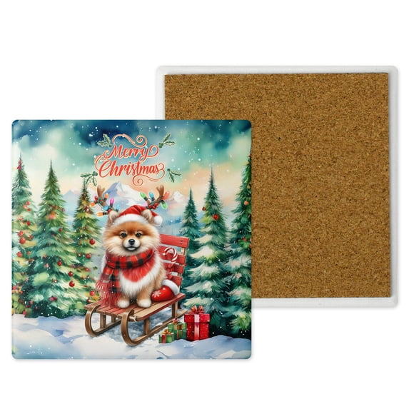 Merry Christmas Santa Reindeer Antlers Pomeranian Sleigh Xmas Winter Holiday Set of 4 Stone Coasters Pom Dog Lover Gifts 4x4in Absorbent Soapstone Coaster - 00023