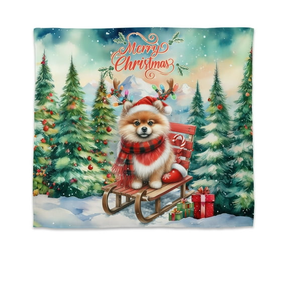 Merry Christmas Santa Reindeer Antlers Pomeranian Sleigh Xmas Winter Holiday Tapestry Pom Dog Lover Gifts Wall Hanging Backdrop Home Decor - 00023
