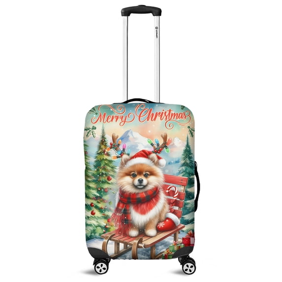 Merry Christmas Santa Reindeer Antlers Pomeranian Sleigh Xmas Winter Holiday Travel Luggage Cover Pom Dog Lover Gifts Suitcase Dust Protective Decor - 00023