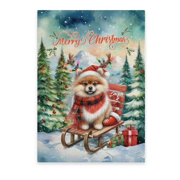Merry Christmas Santa Reindeer Antlers Pomeranian Sleigh Xmas Winter Holiday Vertical Matte Canvas Poster Pom Dog Lover Gifts Wall Art Home Decor - 00023