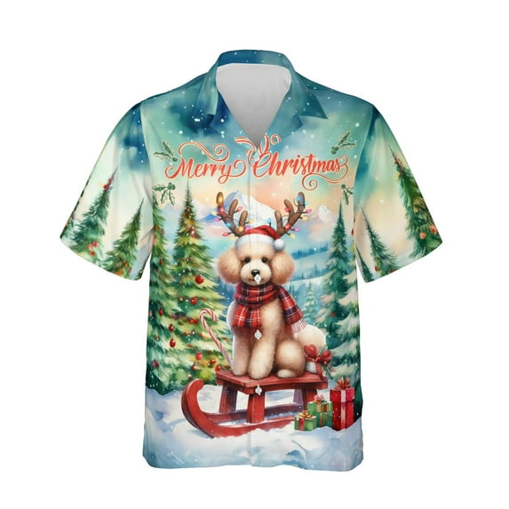 Merry Christmas Santa Reindeer Antlers Poodle Sleigh Xmas Winter Holiday Hawaiian Shirt Breathable Summer Unisex Merch Poodles Dog Lover Gifts Idea - 00023