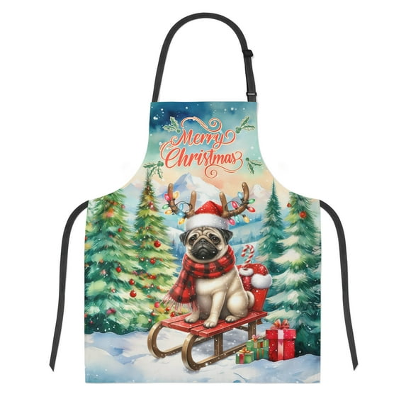 Merry Christmas Santa Reindeer Antlers Pug Sleigh Xmas Winter Holiday Apron Dog Lover Gifts for Cooking Grilling Baking Painting Gardening - 00023