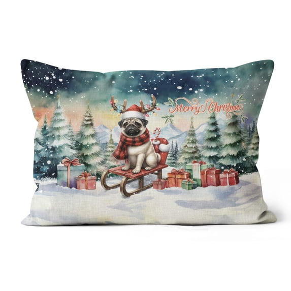 Merry Christmas Santa Reindeer Antlers Pug Sleigh Xmas Winter Holiday Pillow Cushion Double Sided Dog Lover Gifts Throw Pillow - 00023