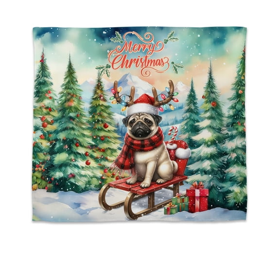 Merry Christmas Santa Reindeer Antlers Pug Sleigh Xmas Winter Holiday Tapestry Dog Lover Gifts Wall Hanging Backdrop Home Decor - 00023
