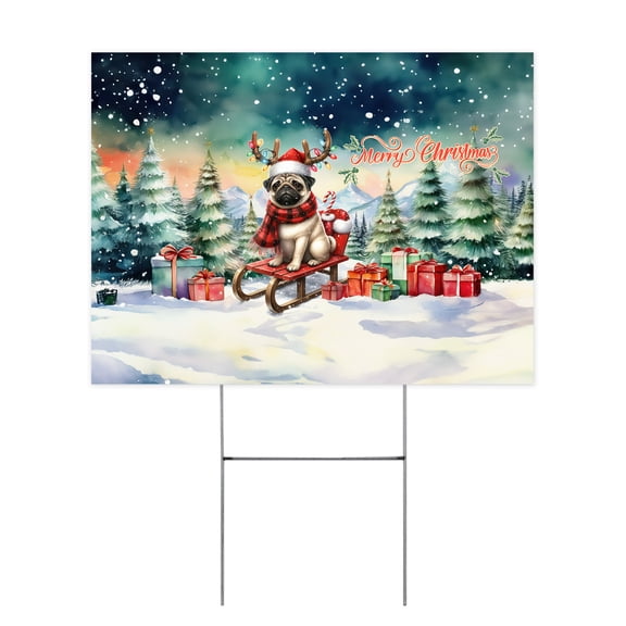 Merry Christmas Santa Reindeer Antlers Pug Sleigh Xmas Winter Holiday Yard Sign Dog Lover Gifts Outdoor Home Lawn Garden Porch Decor - 00023