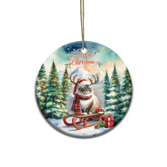 Merry Christmas Santa Reindeer Antlers Ragdoll Sleigh Xmas Winter Holiday Ceramic Round Ornament Cat Lover Kitten Owner Gifts Idea Home Tree Decor - 00023