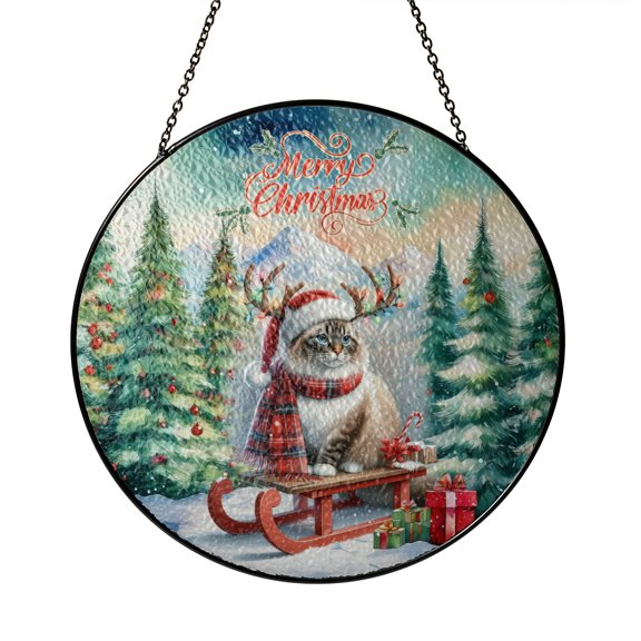 Merry Christmas Santa Reindeer Antlers Ragdoll Sleigh Xmas Winter Holiday Stained Glass Suncatcher Cat Lover Kitten Owner Gifts Idea Window Hanging Sign Decor - 00023